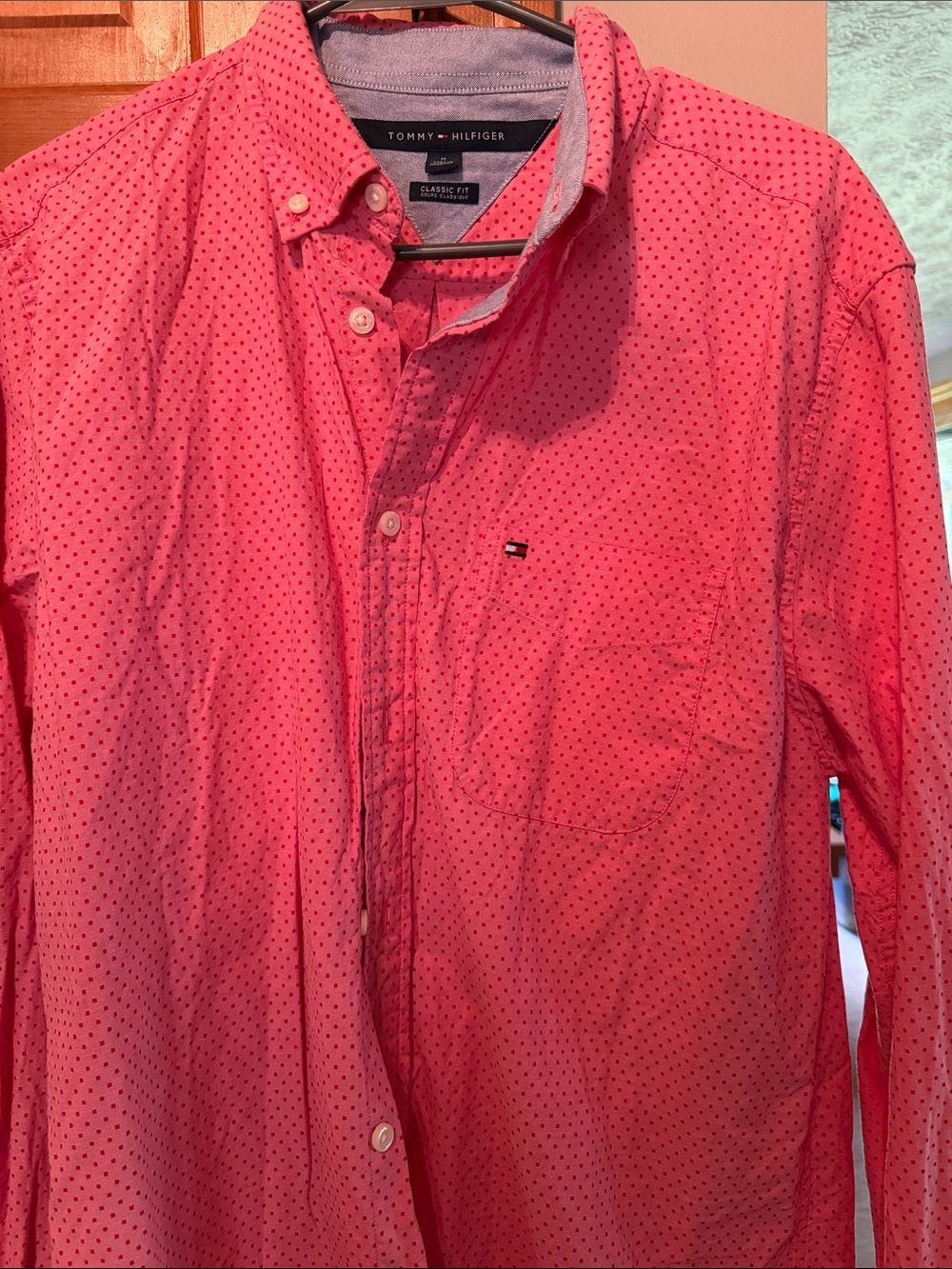 Tommy Hilfiger Men's Coral Pink Button-Down Shirt with Microdot Pattern